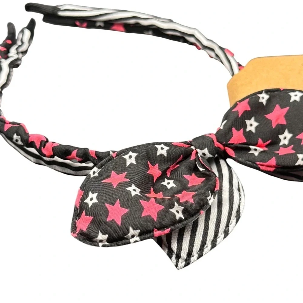 Girls Star and Stripe Bow Headband Black Pink White Stars Stripes Hair Accessory